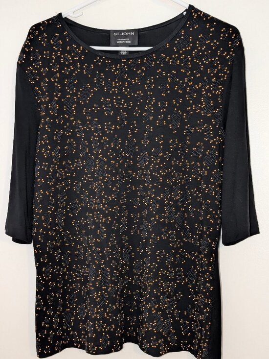 St. John Tops - St. John Knit for Nordstrom Black Tee Top with Black & Gold Design XL